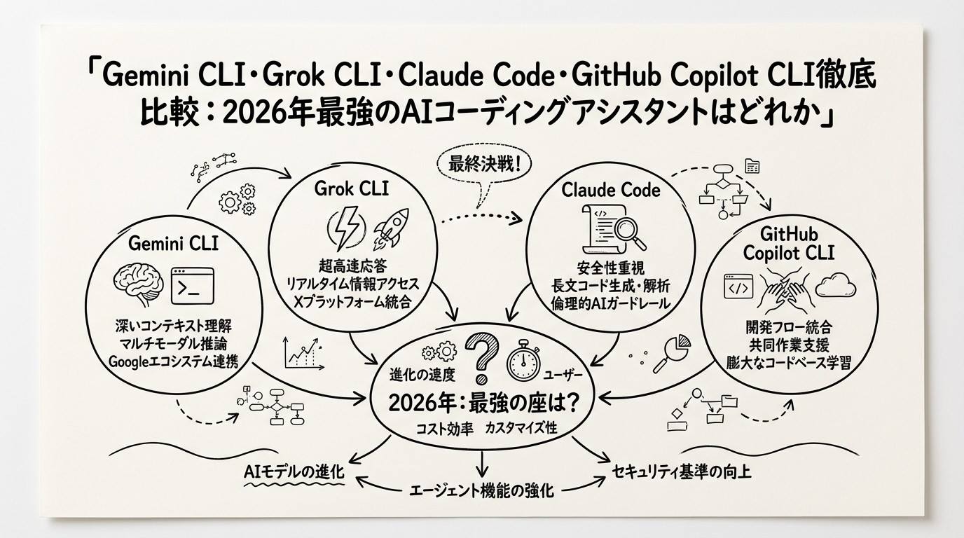 Gemini CLI・Grok CLI・Claude Code・GitHub Copilot CLI徹底比較：2026年最強のAIコーディングアシスタントはどれかのイメージ
