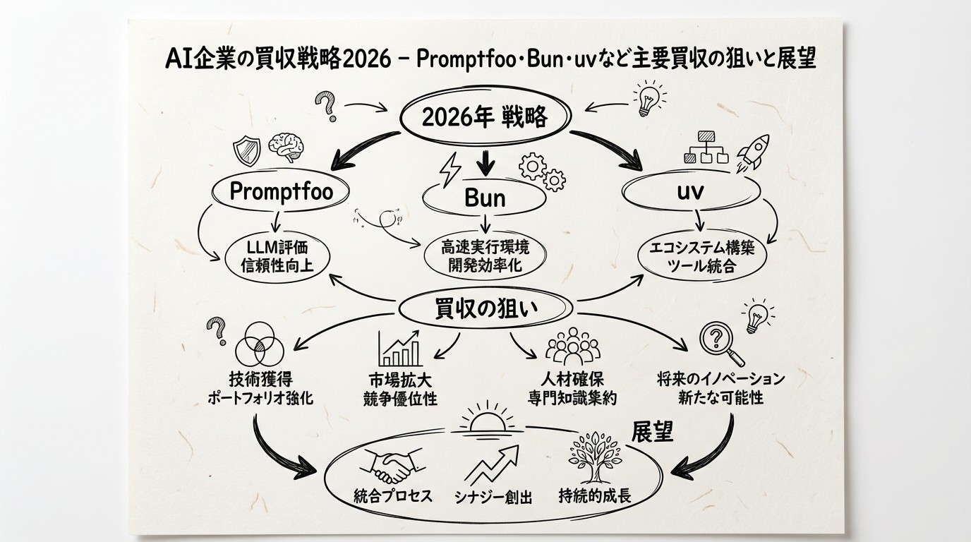 AI企業の買収戦略2026 - Promptfoo・Bun・uvなど主要買収の狙いと展望のイメージ