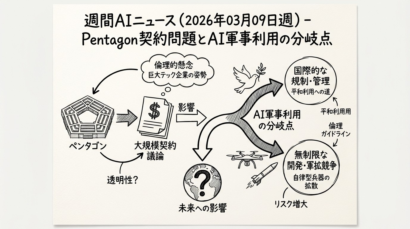週間AIニュース(2026年03月09日週)- Pentagon契約問題とAI軍事利用の分岐点のイメージ