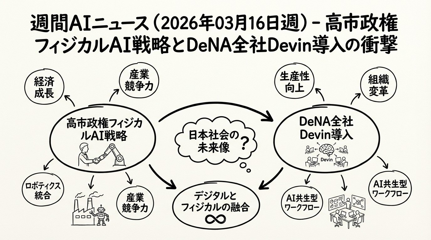 週間AIニュース(2026年03月16日週)- 高市政権フィジカルAI戦略とDeNA全社Devin導入の衝撃のイメージ