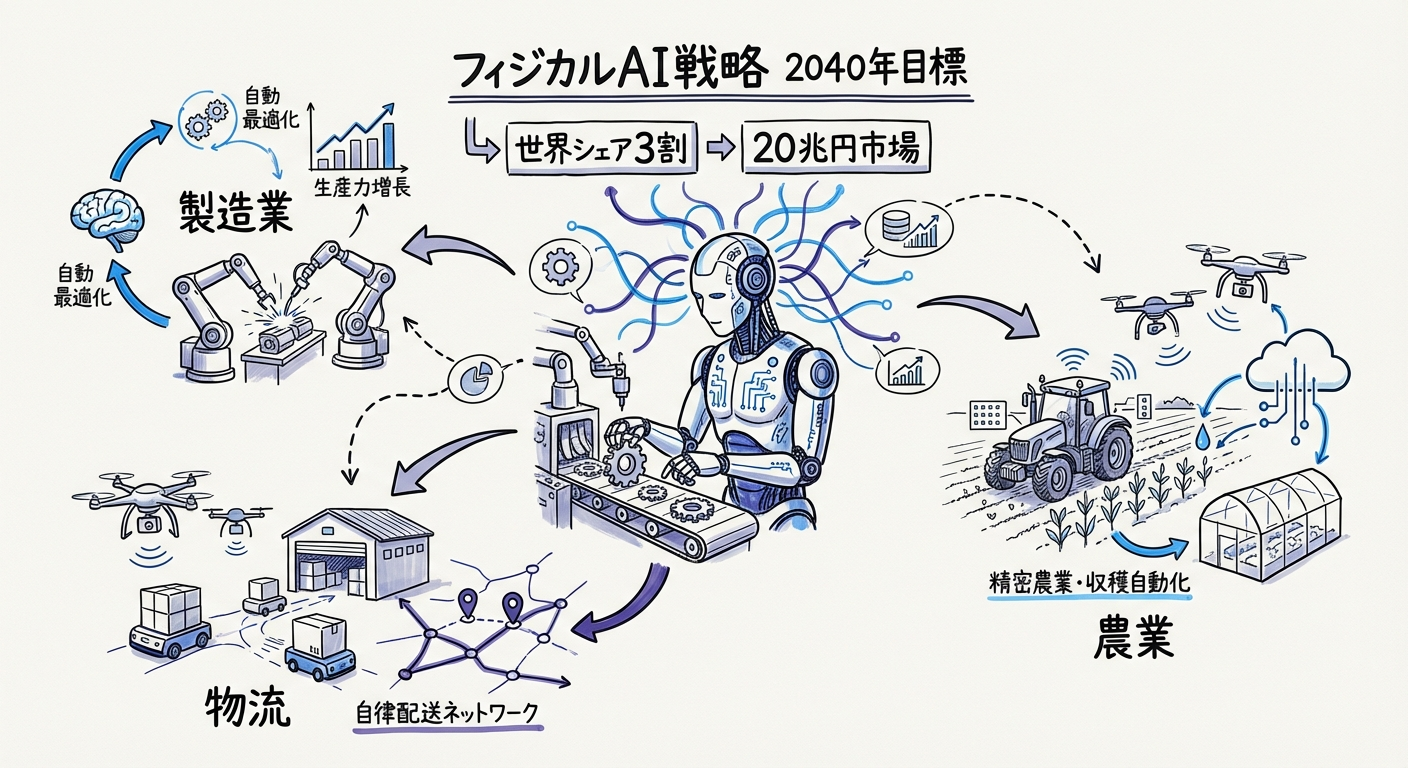 日本フィジカルAI産業戦略の概念図:2026年から2040年にかけての成長ロードマップ