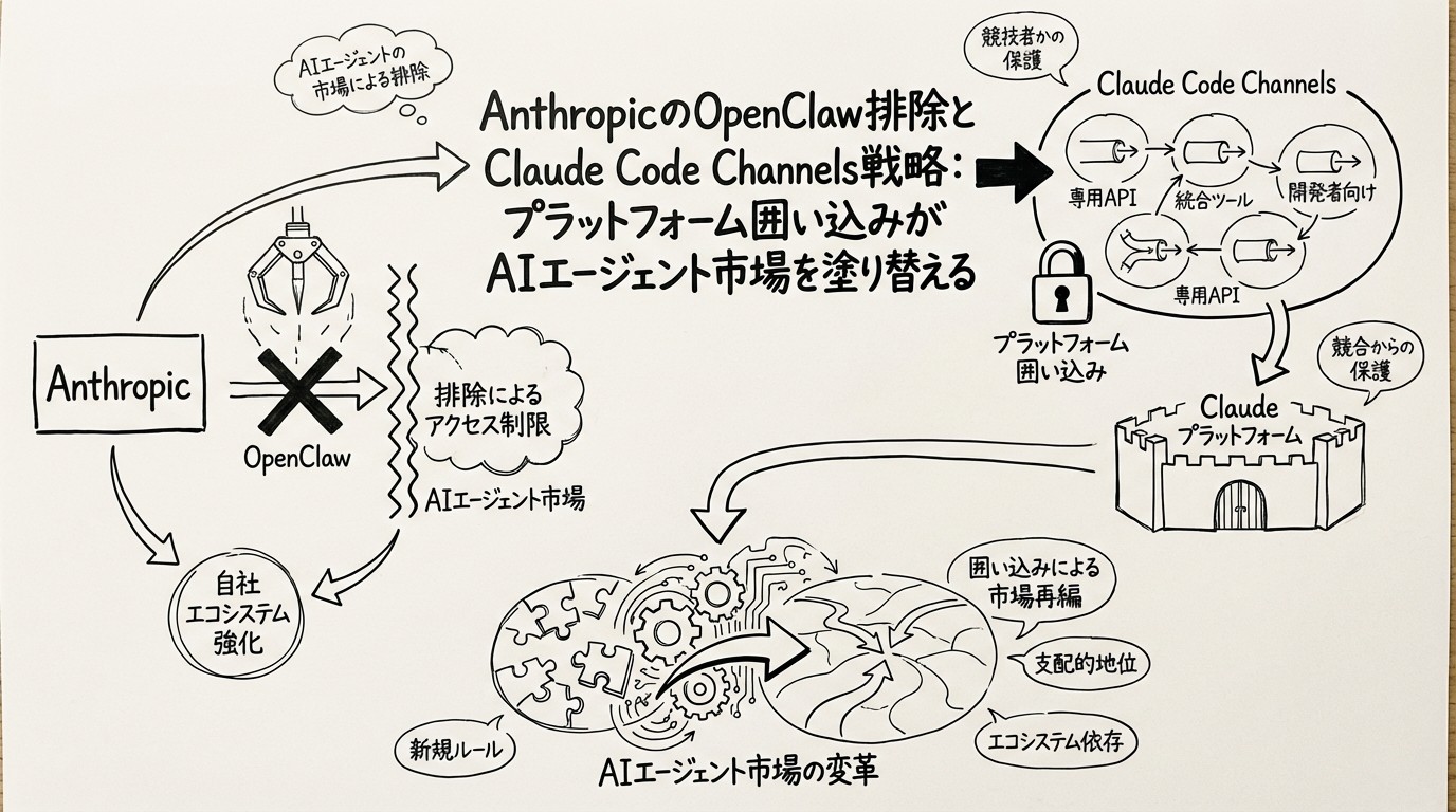 AnthropicのOpenClaw排除とClaude Code Channels戦略:プラットフォーム囲い込みがAIエージェント市場を塗り替えるのイメージ