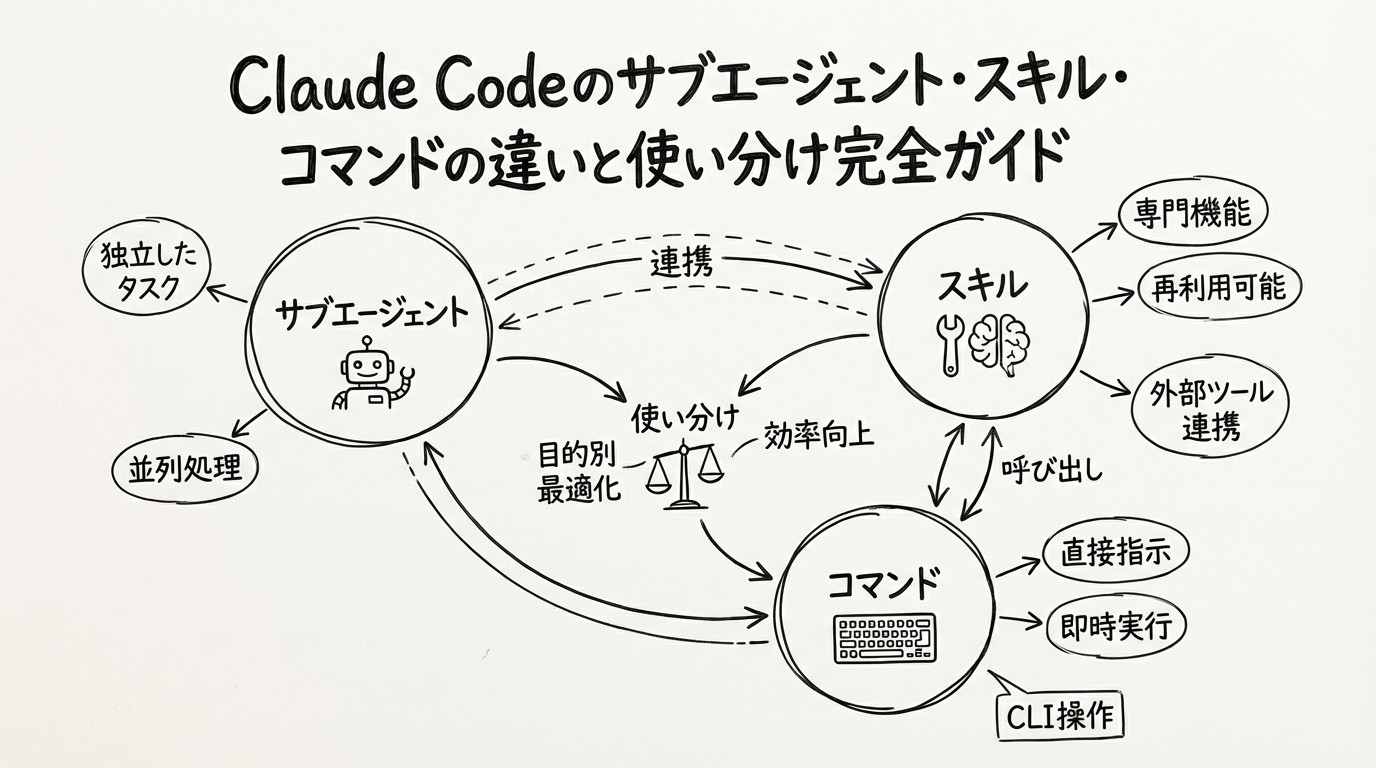 Claude Codeのサブエージェント・スキル・コマンドの違いと使い分け完全ガイドのイメージ