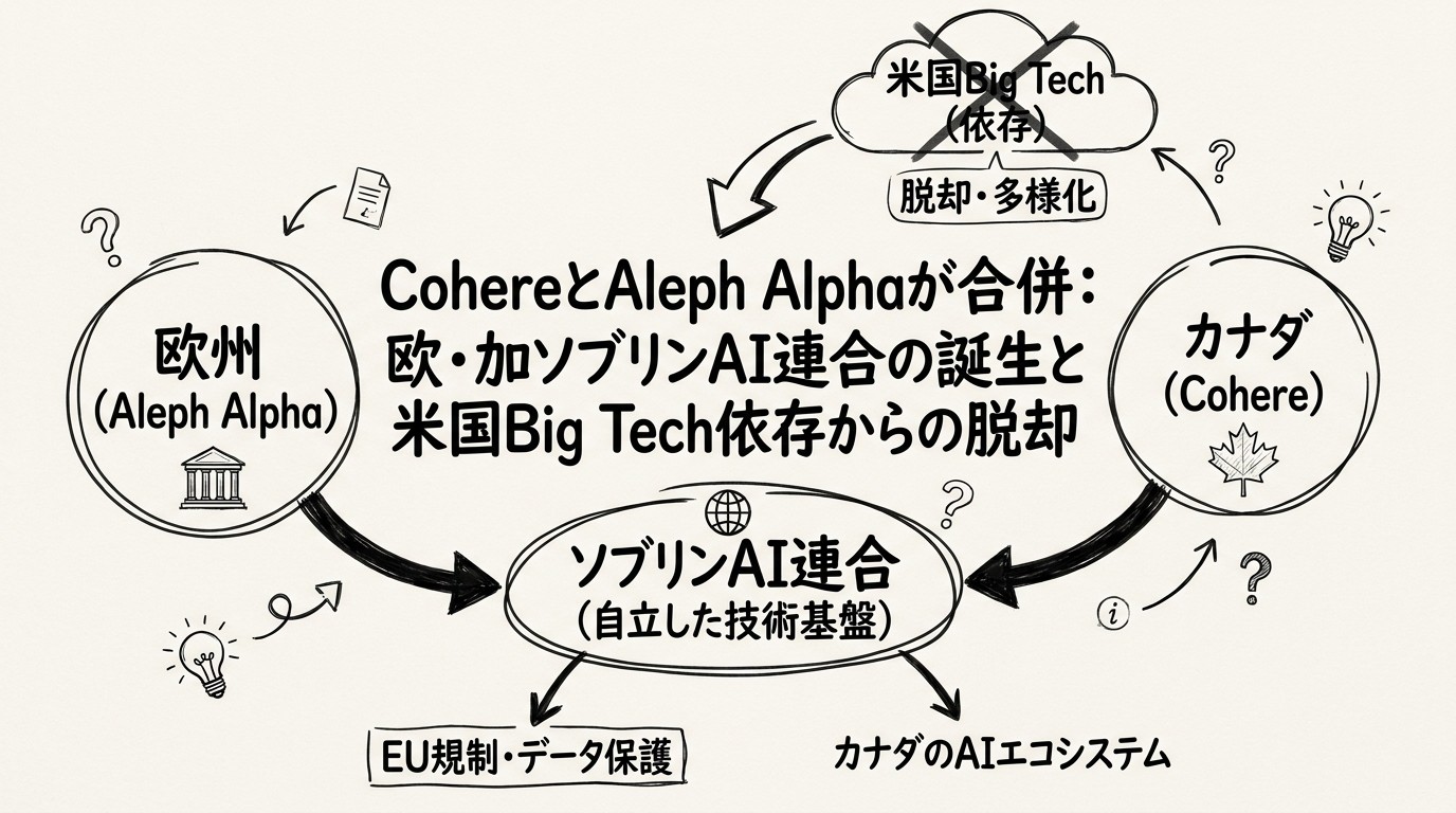 CohereとAleph Alphaが合併：欧・加ソブリンAI連合の誕生と米国Big Tech依存からの脱却のイメージ