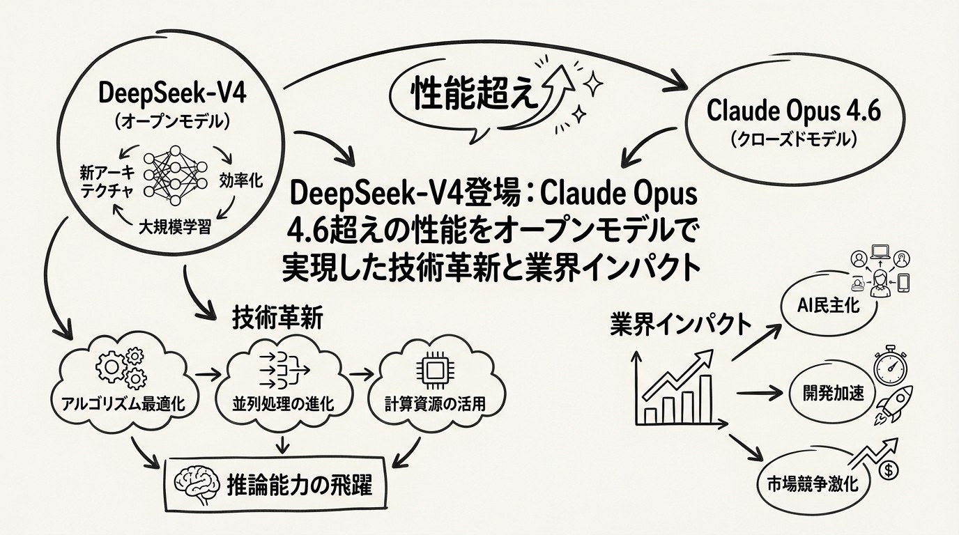 DeepSeek-V4登場：Claude Opus 4.6超えの性能をオープンモデルで実現した技術革新と業界インパクトのイメージ