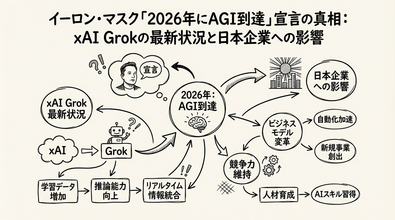 イーロン・マスク「2026年にAGI到達」宣言の真相：xAI Grokの最新状況と日本企業への影響のイメージ