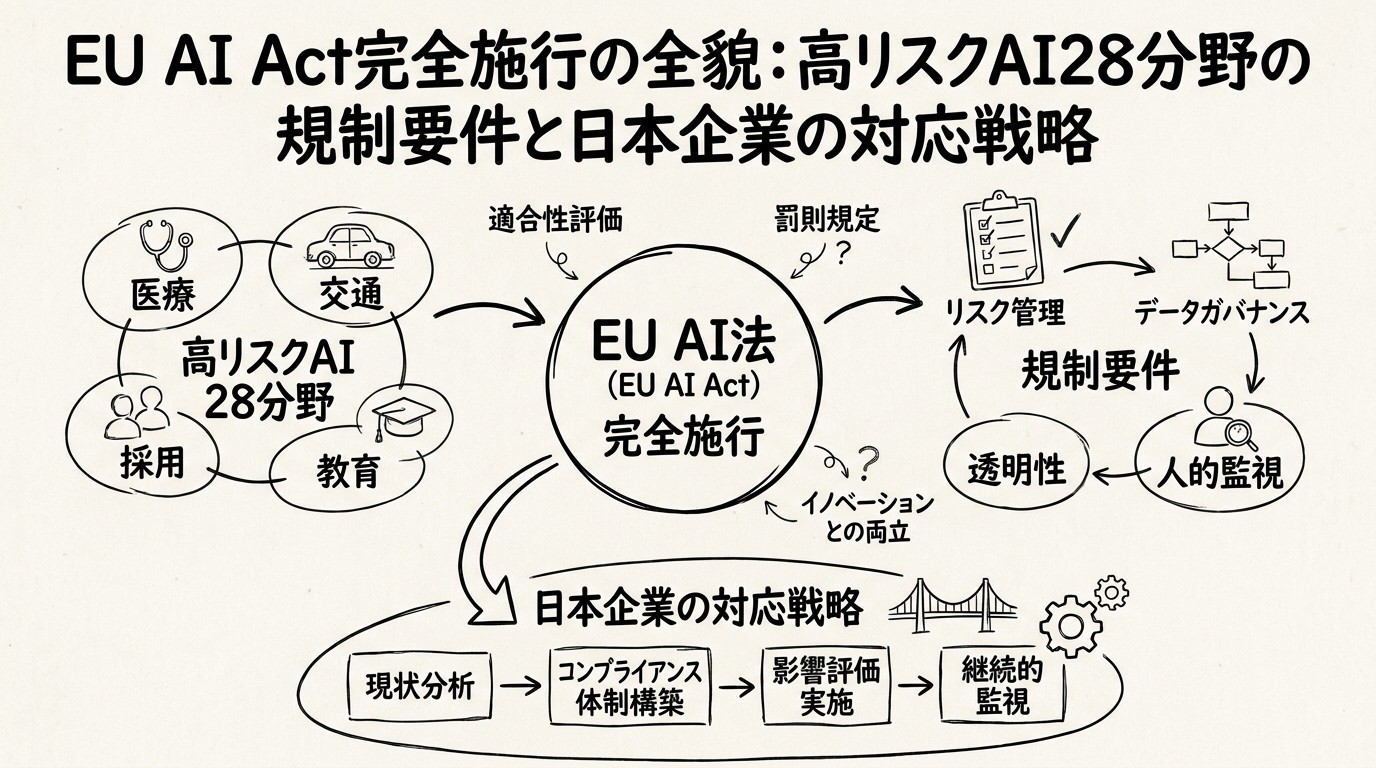 EU AI Act完全施行の全貌：高リスクAI28分野の規制要件と日本企業の対応戦略のイメージ