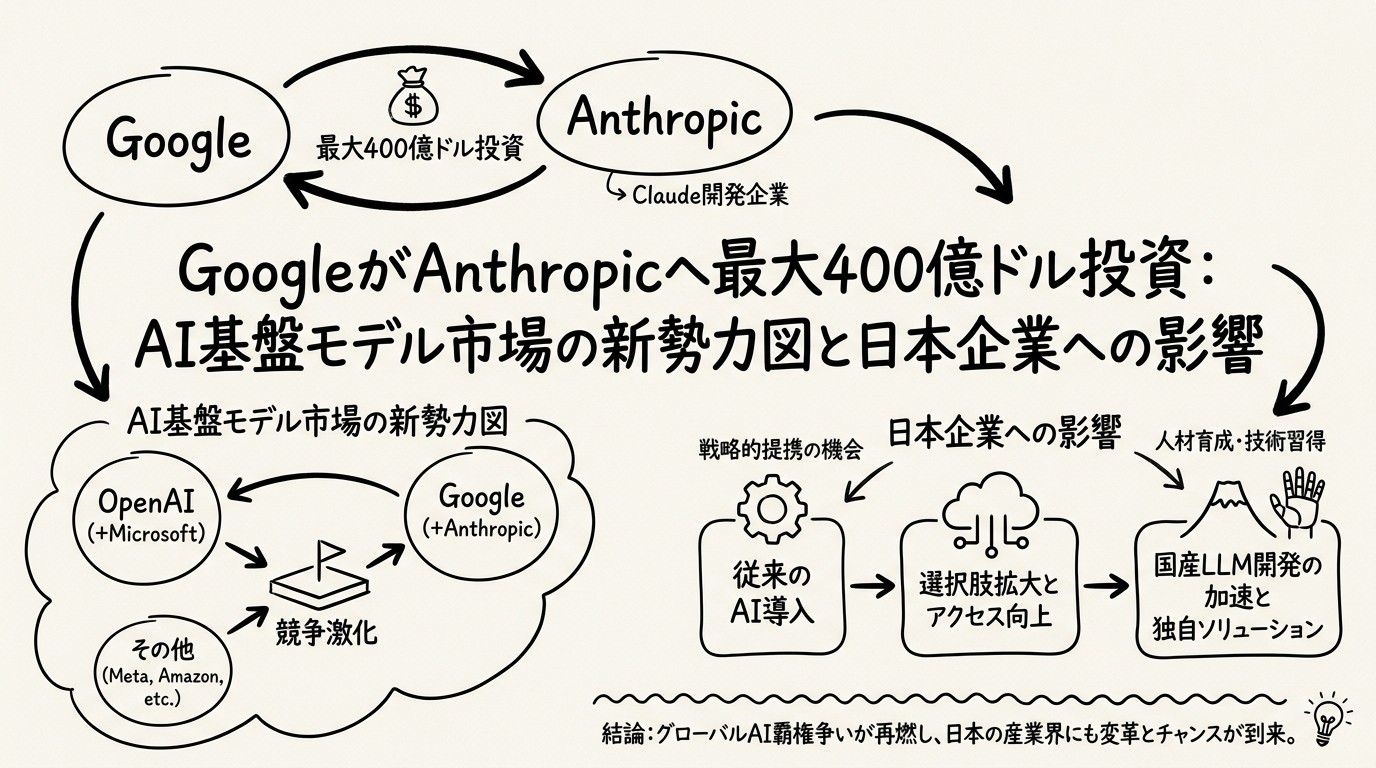 GoogleがAnthropicへ最大400億ドル投資：AI基盤モデル市場の新勢力図と日本企業への影響のイメージ