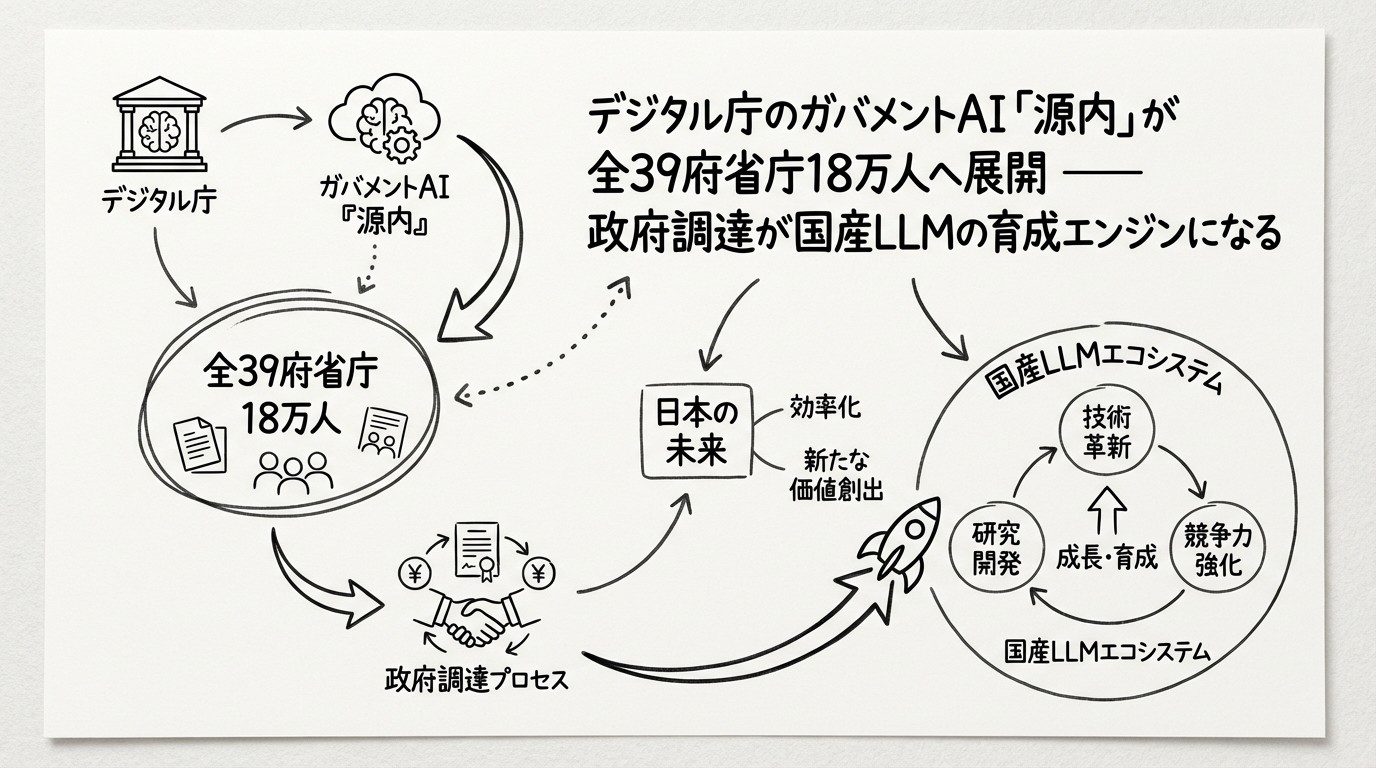 デジタル庁のガバメントAI「源内」が全39府省庁18万人へ展開 — 政府調達が国産LLMの育成エンジンになるのイメージ