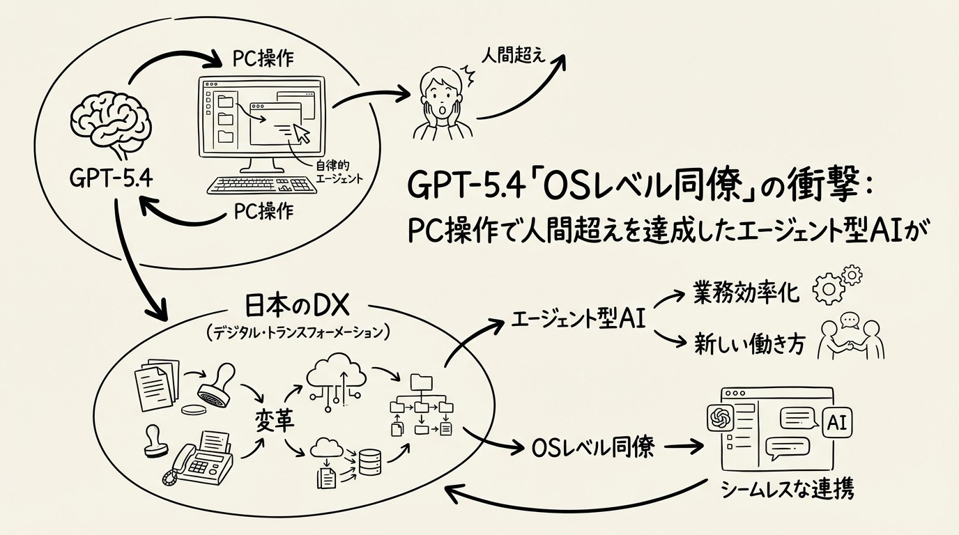 GPT-5.4「OSレベル同僚」の衝撃:PC操作で人間超えを達成したエージェント型AIが日本のDXを塗り替えるのイメージ