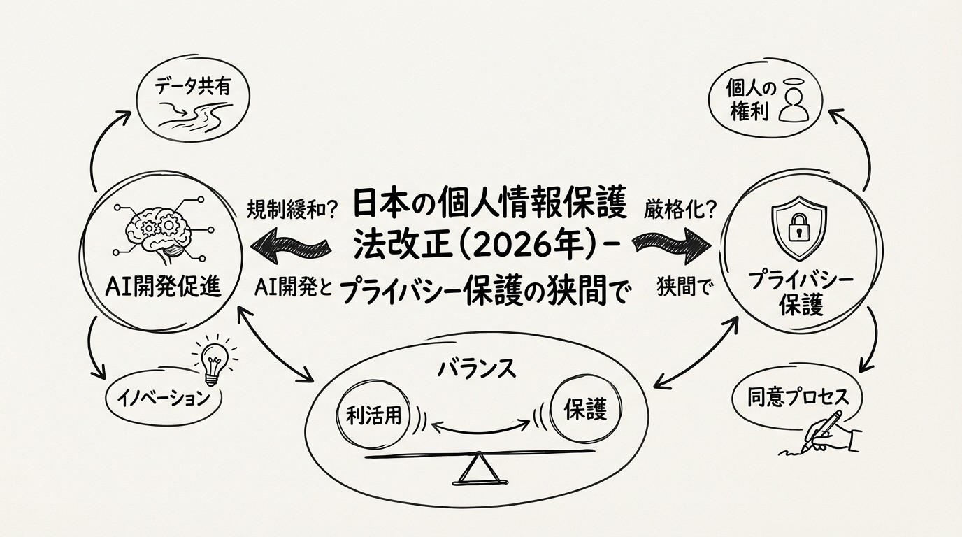日本の個人情報保護法改正(2026年)- AI開発促進とプライバシー保護の狭間でのイメージ