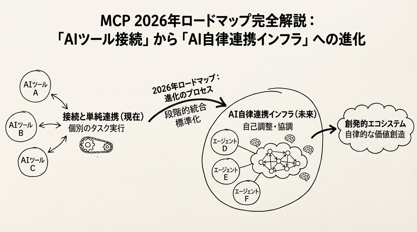 MCP 2026年ロードマップ完全解説:「AIツール接続」から「AI自律連携インフラ」への進化のイメージ