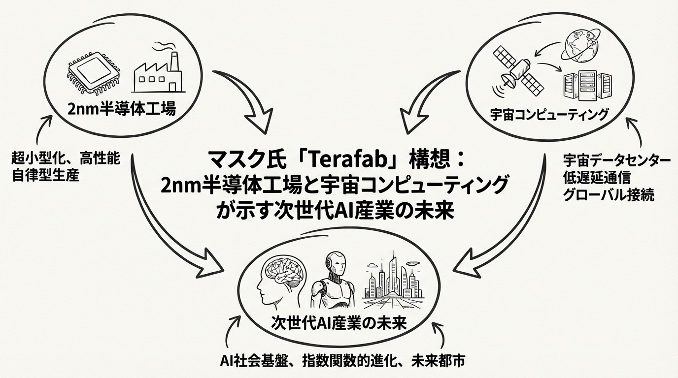 マスク氏「Terafab」構想：2nm半導体工場と宇宙コンピューティングが示す次世代AI産業の未来のイメージ