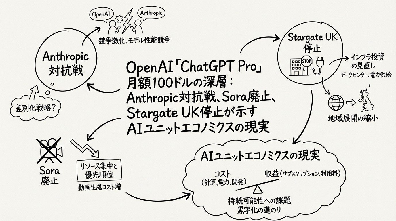 OpenAI「ChatGPT Pro」月額100ドルの深層:Anthropic対抗戦、Sora廃止、Stargate UK停止が示すAIユニットエコノミクスの現実のイメージ