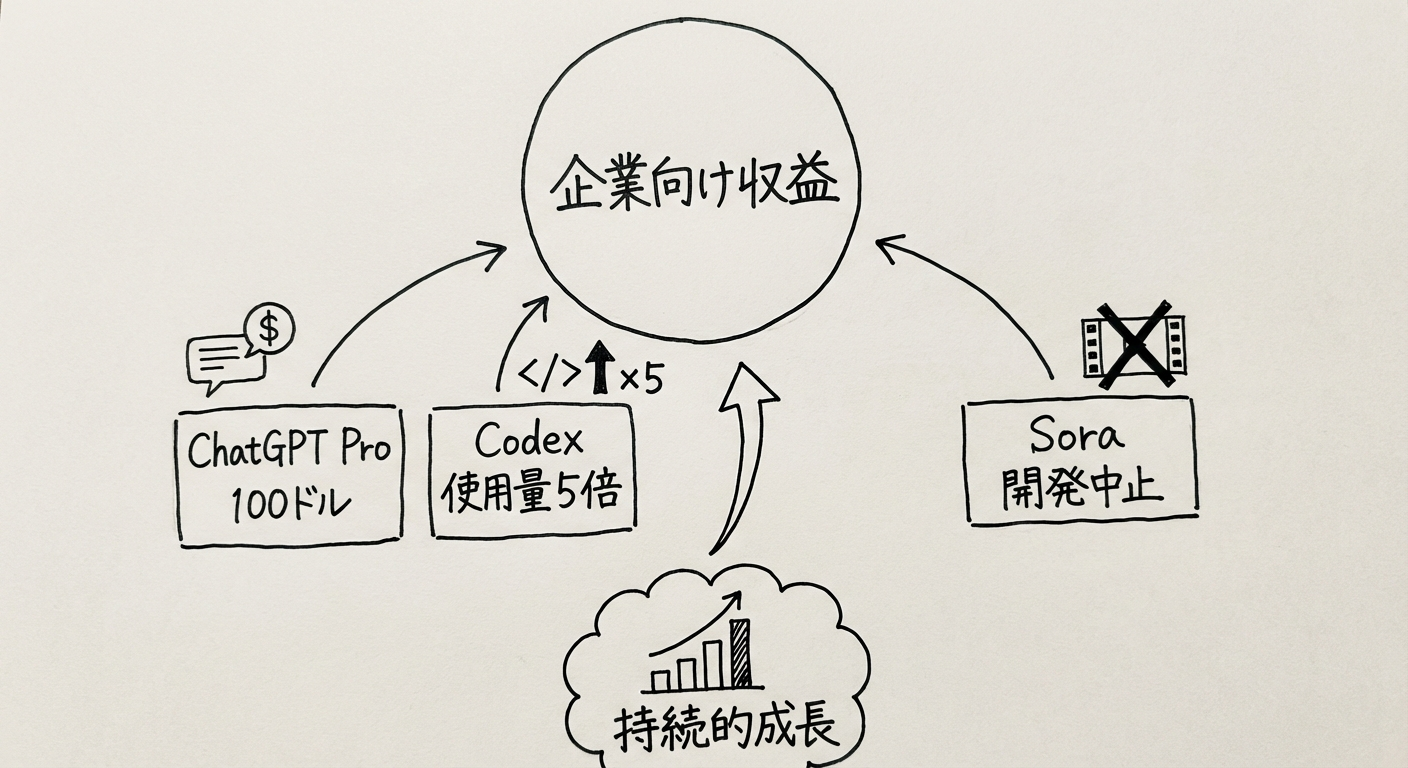 OpenAI ChatGPT Pro 月額100ドル:Codex拡張・Sora廃止・Stargate UK停止が示すエンタープライズへの全面転換