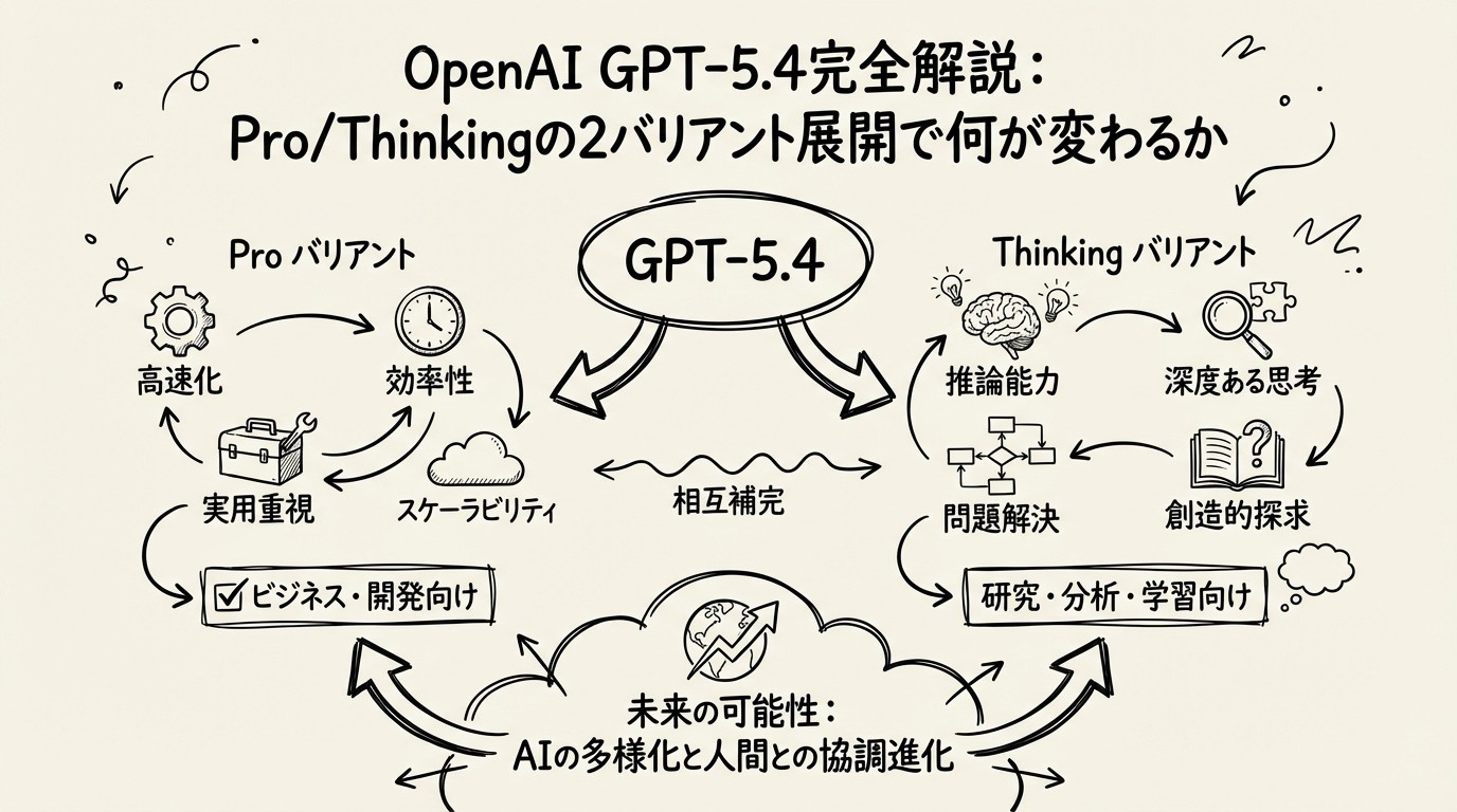 OpenAI GPT-5.4完全解説：Pro/Thinkingの2バリアント展開で何が変わるかのイメージ