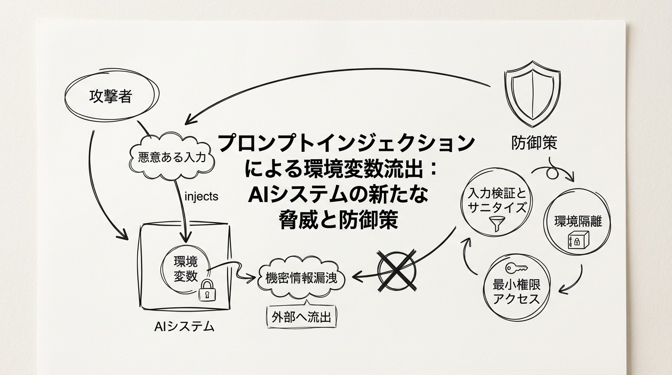 プロンプトインジェクションによる環境変数流出:AIシステムの新たな脅威と防御策のイメージ