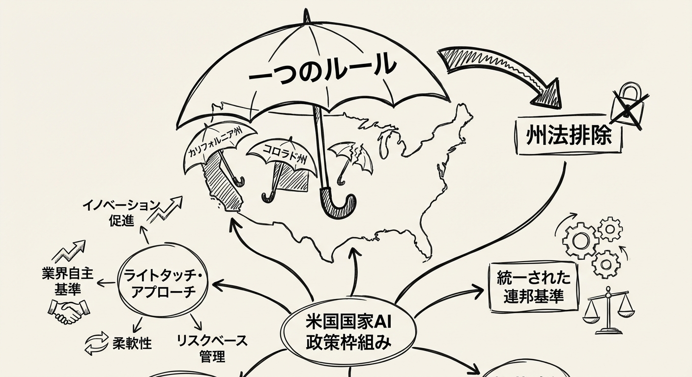 米国「国家AI政策枠組み」の全体像:連邦プリエンプション・ライトタッチ・重点3分野の構造図